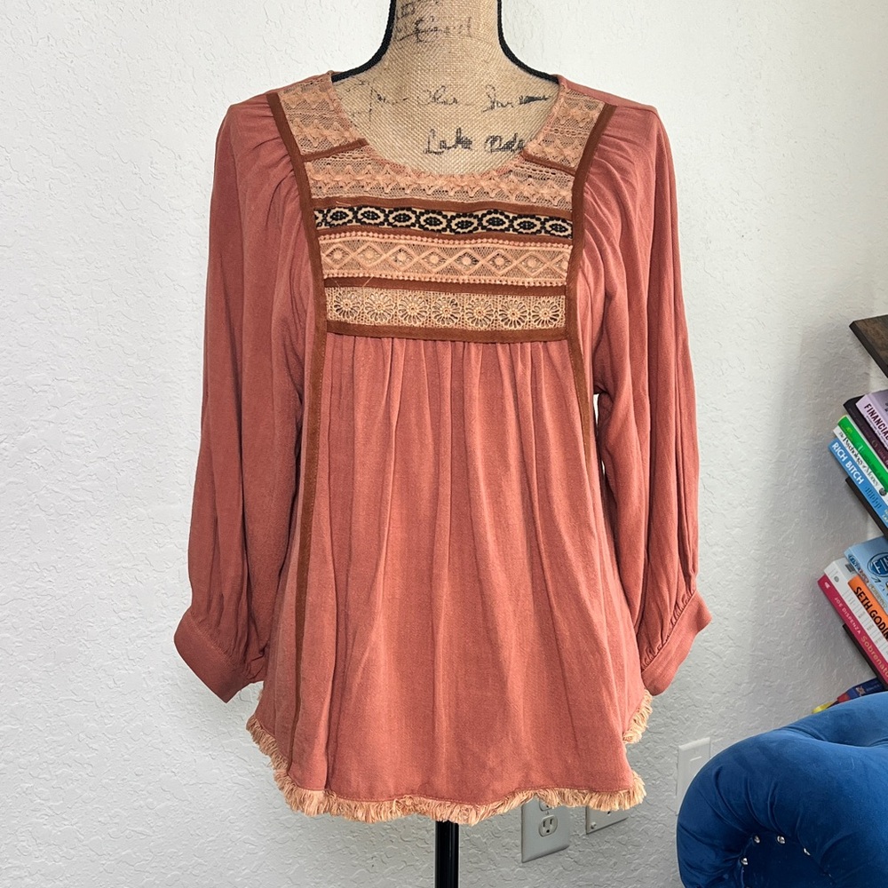 bohme Embroidered Square-Yoke Tunic in Rusty Rose